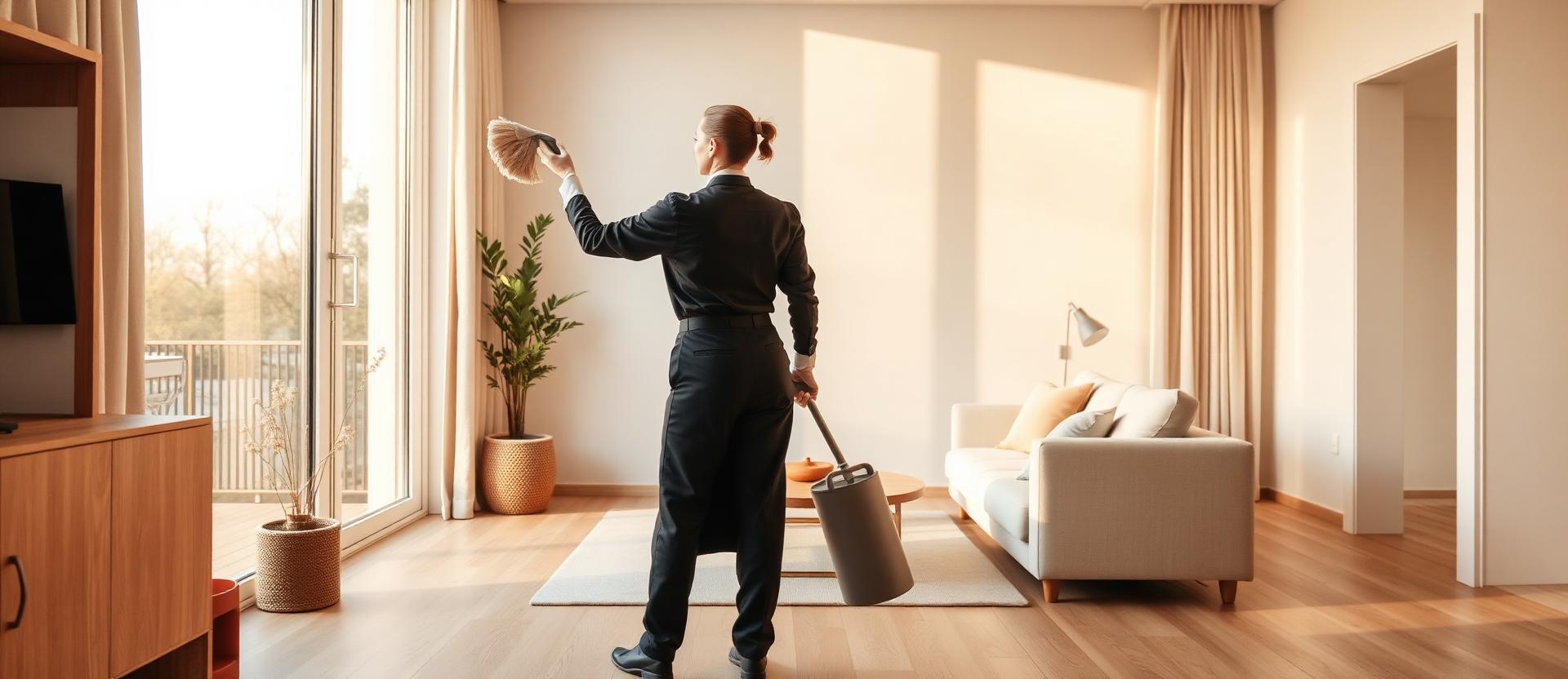 Professional cleaner tidying a bright, modern living room